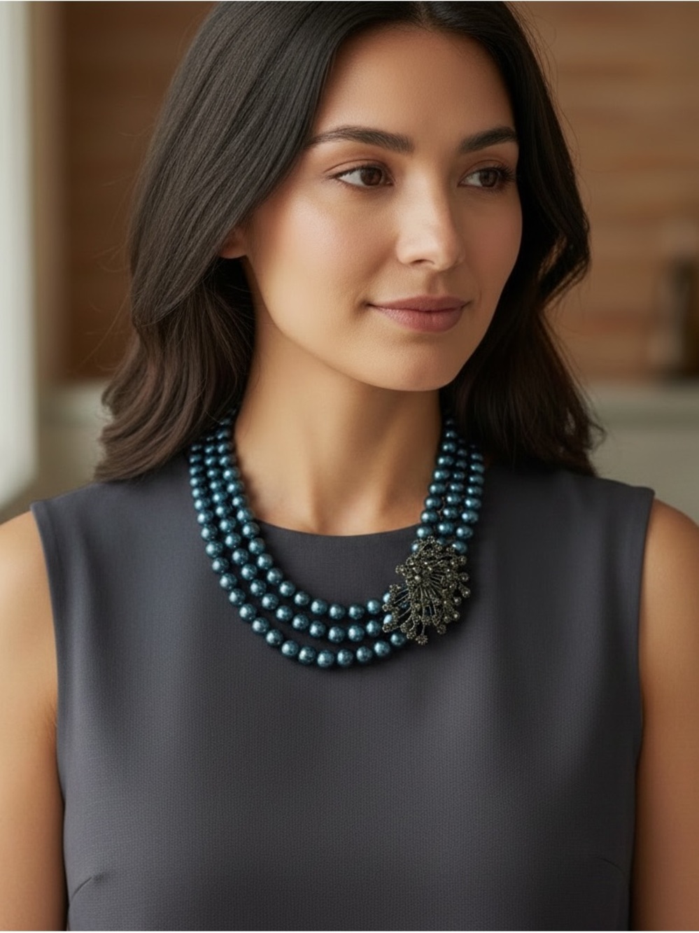 Elegant Three-Strand Navy Blue Pearl Necklace w Floral Rhinestone Cluster Accent